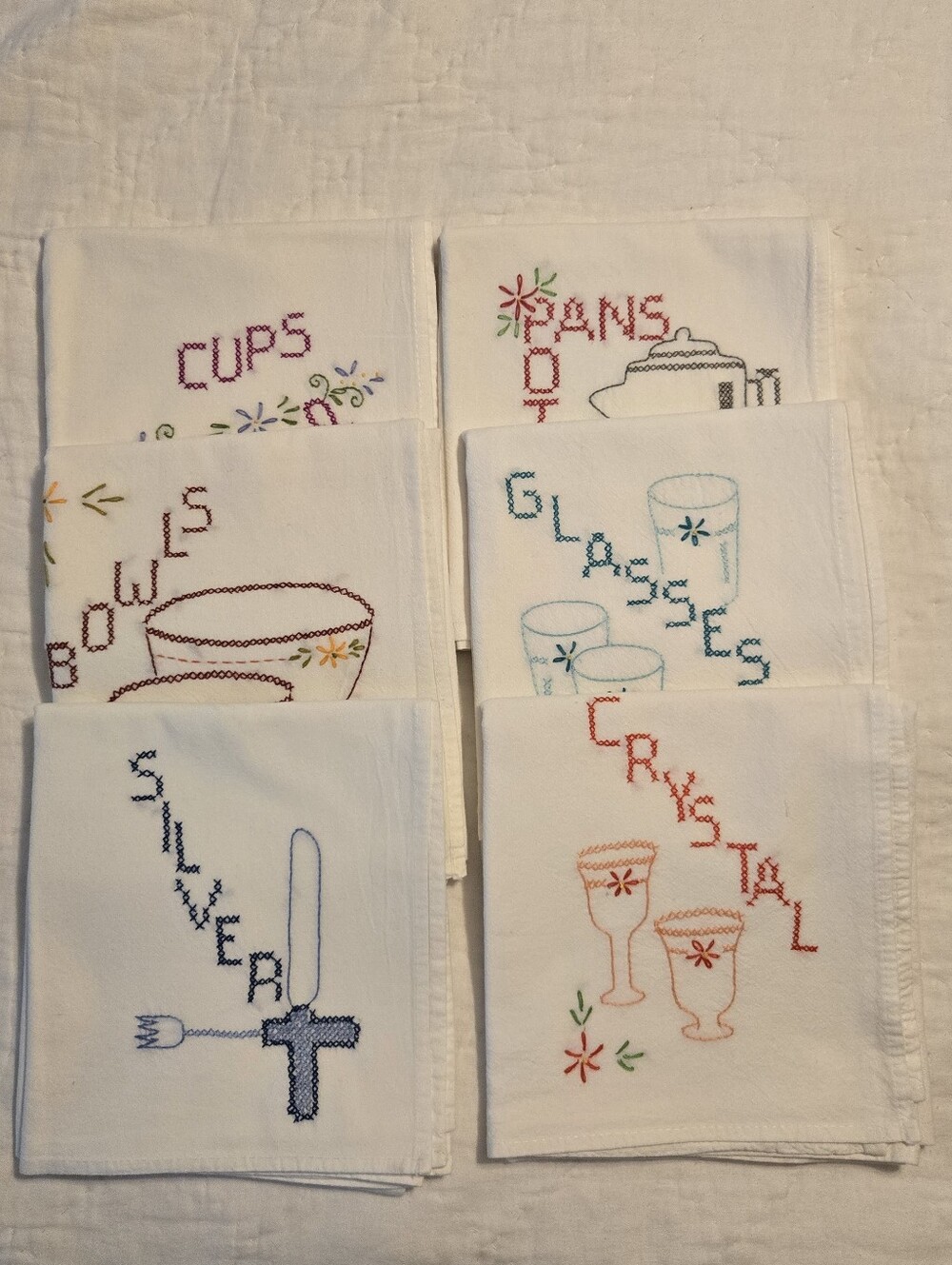 Vintage Embroidered Cotton Tea Dish Cloths Lot Of 6 Large 32 x 34.5 Inches